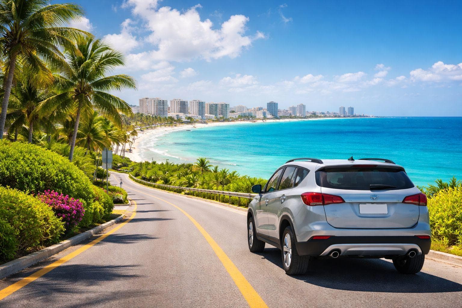 Auto en renta en una carretera costera de Cancún, frente al mar Caribe