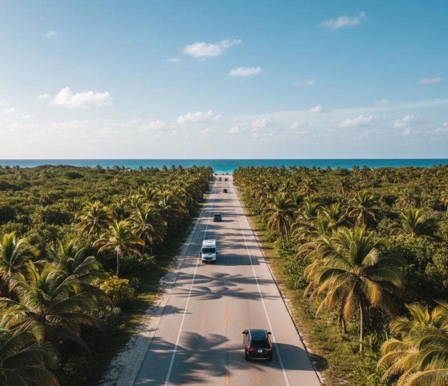 Carretera costera entre palmeras rumbo al mar Caribe