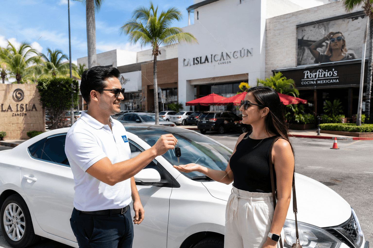 Nuestro equipo entregando las llaves de un auto a una clienta en La Isla Cancún